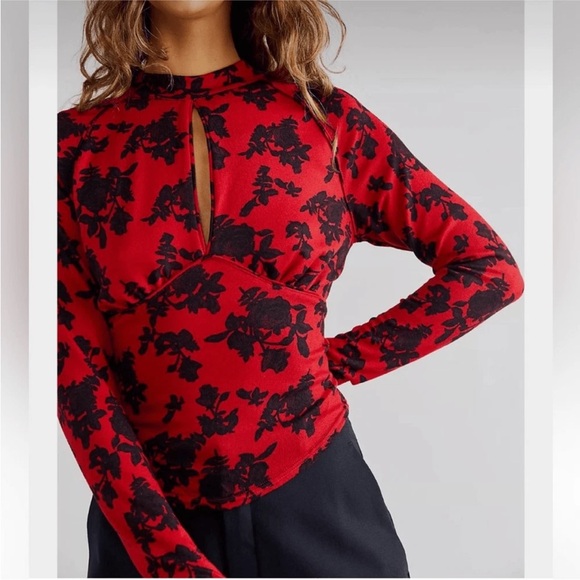 NWT Free People Dinner Party Long Sleeve S Floral Key Hole Mock Neck Retro Chic - Picture 2 of 8